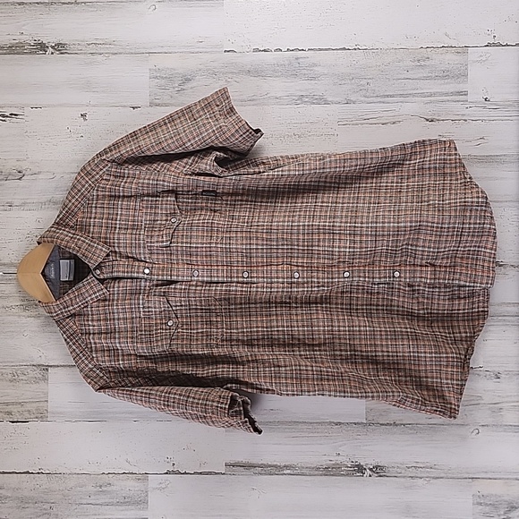 Columbia orange gray plaid pearl snap 2 pocket collared shirt Size Large TALL - Picture 1 of 9